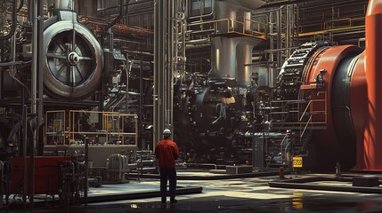 Obraz premium Worker in an industrial setting operating a digital interface while monitoring machinery and processing equipment in the evening light