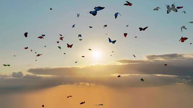 A vibrant kaleidoscope of multicolored butterflies flying in front of a breathtaking sunrise.