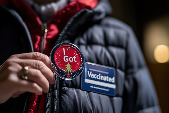  Close-up of person showing vaccination badge with pride, wearing puffy jacket. Celebrates vaccination, safety, and community health during winter holiday season.