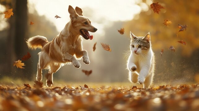 A playful dog and cat chasing each other around a park, with leaves flying in the air, capturing their boundless energy.
