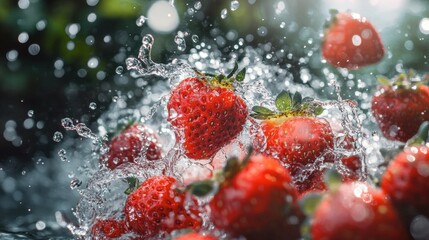 A playful image of strawberries being splashed with water, capturing their freshness and inviting viewers to enjoy them.