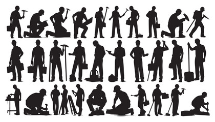 Set of silhouettes of labor workers silhouettes vector illustration black and white art