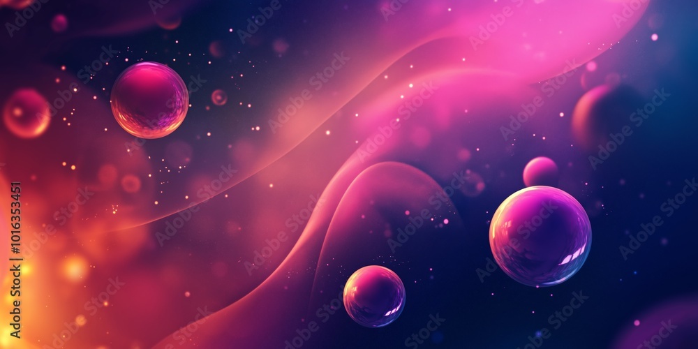 Poster a colorful space background with many small spheres. the spheres are of different sizes and colors, 