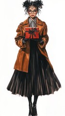 Young Woman in Gothic Style with Glasses and Brown Coat, Holding Dark Object Generative AI