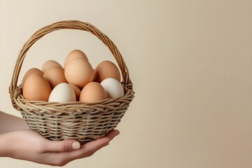 Hands gently cradling a woven basket filled with freshly gathered eggs, showcasing the warmth of farm life and nature's bounty.