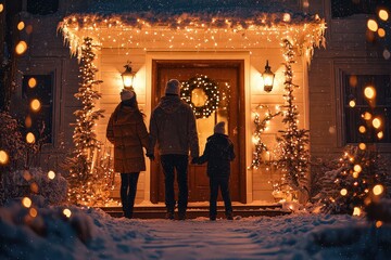  Family decorates home for holidays, hanging twinkling lights on porch and placing wreaths on door to celebrate the season.