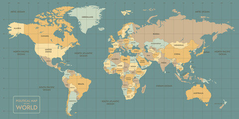 Vintage-Style Political World Map with Country Names © Macrovector