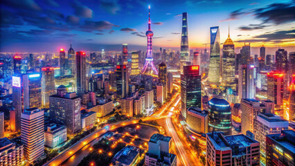 Fototapeta premium Vibrant city skyline at night with illuminated skyscrapers, modern architecture, and bustling streets, showcasing urban life and a futuristic atmosphere