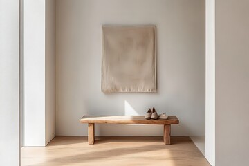  Minimalist hallway with a wooden bench and shoes placed neatly, bathed in soft natural light. The simple, clean design emphasizes calm and order in the home environment.