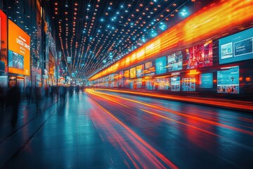 dynamic scene at an it business convention with blurred human motion around demo booths illustrating the fastpaced world of technology and innovation