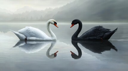 Fototapeta premium A serene white swan and a majestic black swan gliding gracefully together across a calm, reflective lake.