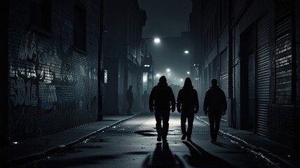 Shady figures walk in a dark city alley at night, rain glistening on the road. Men's silhouettes against brick walls create a spooky scene of urban danger and suspense