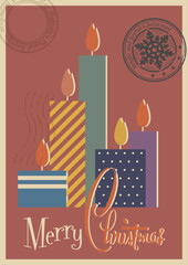 Mid Century Modern Style Christmas Postcard. 1950s Style Illustration, Decorative Christmas Candles, Postal Imprints, Retro Colors and Style