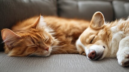 Obraz premium A sleepy cat nestled beside a snoring dog on a couch, embodying a peaceful home environment filled with love.