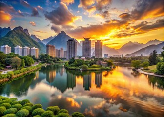 Fototapeta premium Scenic Landscape with Majestic Mountains and Modern Buildings in Harmony