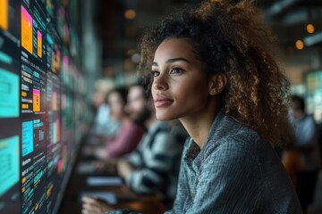 dynamic scene of diverse app developers collaborating in a modern office screens display colorful ui designs and code showcasing the creative process of mobile app creation