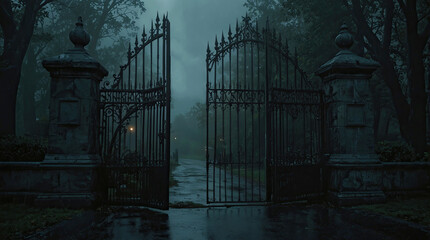 Imposing wrought iron gate is opening on a spooky night, revealing an old abandoned mansion in the distance, under the light of a full moon for Halloween atmosphere and game design