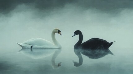 Fototapeta premium A tranquil morning view of a white swan and black swan resting on the surface of a misty lake.