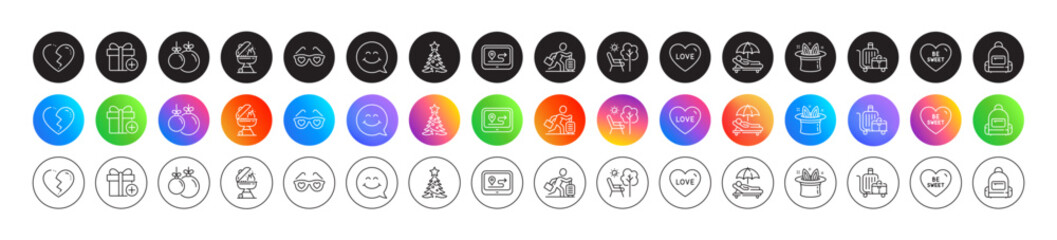 Deckchair, Smile face and Baggage cart line icons. Round icon gradient buttons. Pack of Backpack, Love, Be sweet icon. Christmas tree, Add gift, Travel delay pictogram. Vector