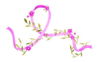 Breast Cancer Awareness Month. Poster pink ribbon and flowers. Cancer fighting. Cartoon Illustration