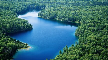 Fototapeta premium Aerial view of Swift Lake showing the winding shorelines and deep blue water, surrounded by dense green forest.