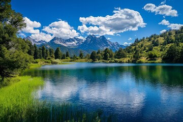 Fototapeta premium A beautiful lake surrounded by mountains and trees. The water is calm and clear, reflecting the blue sky above. The scene is peaceful and serene