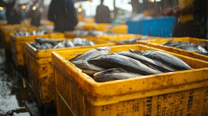 Freshly caught fish in yellow crates at a fish market.