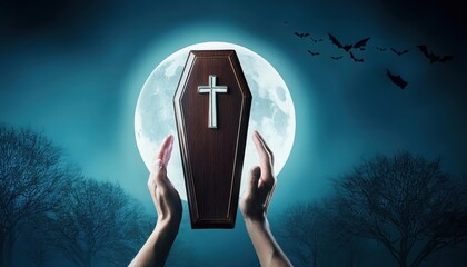 Hands holding a wooden coffin under a full moon, eerie atmosphere.
