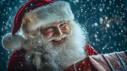 Santa Claus with a Snowy Beard Holding a Gift in the Winter