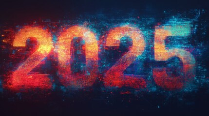 Glitch art representation of the number 2025 created with vibrant digital effects during nighttime