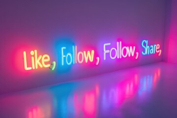  Neon wall sign saying "Like, Follow, Share" in colorful glowing letters, symbolizing social media engagement and digital interaction.