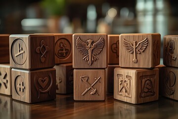  Wooden blocks with engraved wings, hearts, and medical symbols, representing care, protection, and medical services in a tactile design.