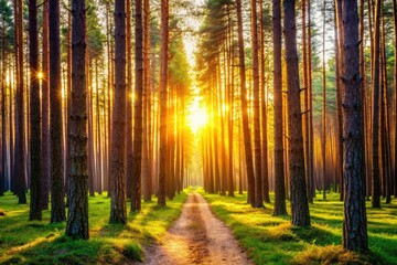 Obraz premium Serene Forest Pathway Through Illuminated Pine Trees with Bokeh Effect