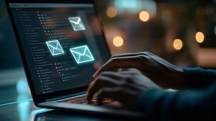Close up of  hands typing on laptop keyboard with glowing mail icons. Email marketing concept.