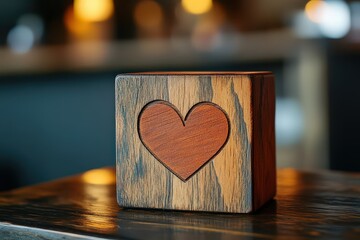  Wooden block with a carved red heart, symbolizing love, health, or emotional connection in simple, natural design.
