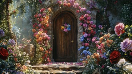 A whimsical fairy tale setting with multicolored roses framing a rustic wooden door, inviting viewers into a magical world.