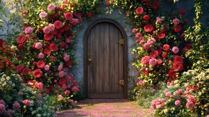 A whimsical fairy tale setting with multicolored roses framing a rustic wooden door, inviting viewers into a magical world.
