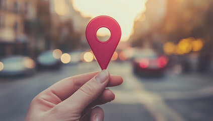 A hand holding a red localization icon against a blurred street background, symbolizing local SEO optimization for businesses. Perfect for illustrating digital marketing strategies.