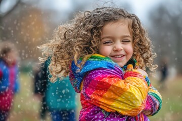  Happy child with curly hair wearing colorful jacket, enjoying first snowfall of winter with pure joy and excitement outdoors.