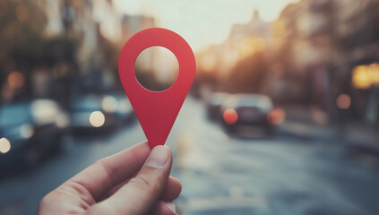 A hand holding a red localization icon against a blurred street background, symbolizing local SEO optimization for businesses. Perfect for illustrating digital marketing strategies.