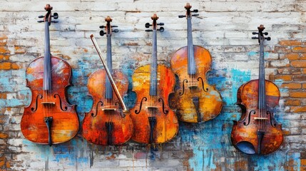 Painted Violins on a Brick Wall