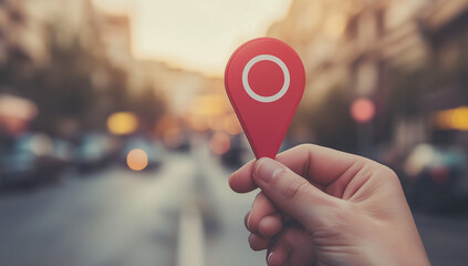 A hand holding a red localization icon against a blurred street background, symbolizing local SEO optimization for businesses. Perfect for illustrating digital marketing strategies.