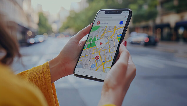 Hands holding a phone showing maps and a localization icon in a street setting, representing local SEO optimization for businesses. Ideal for illustrating digital marketing strategies.