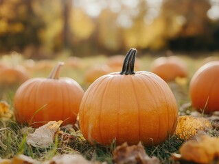 Autumn pumpkins arranged in a field