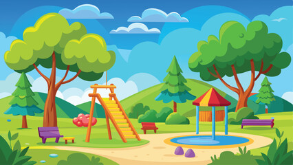 cartoon park scene vibrant green trees blue vector art