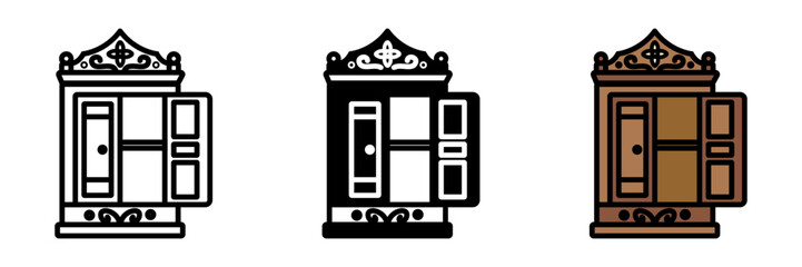 Antique Cabinet Icon, A vintage storage unit, typically handcrafted, featuring intricate designs, used for storing items or displaying collectibles.