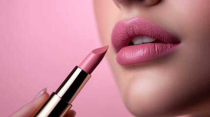 Obraz premium close up of glamorous young woman applying pink lipstick on grey background, beauty and makeup