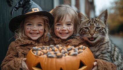 Fototapeta premium Three children dressed in Halloween costumes holding pumpkin candy buckets, smiling outdoors Generative AI
