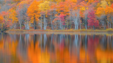 Obraz premium Beautiful autumn colors surrounding Swift Lake, with vibrant orange, red, and yellow leaves reflecting in the still water.