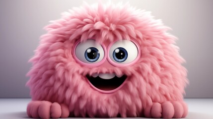 Obraz premium Pink fluffy cartoon character monster isolated on white background. Monster with horns, funny mascot.